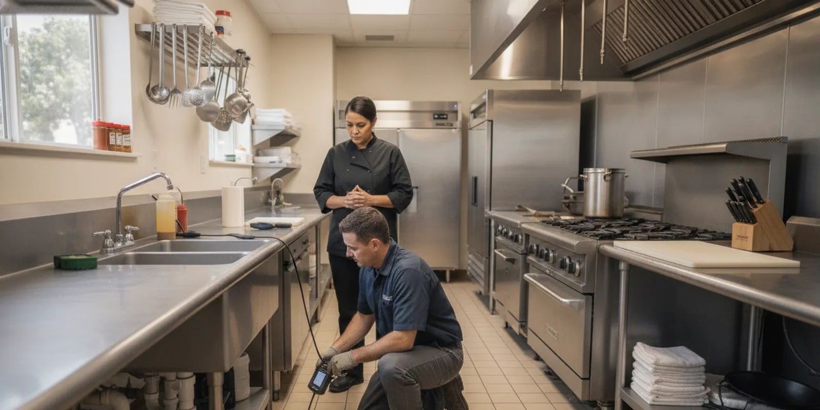 Restaurant drain cleaning Ventura County technician checking a commercial kitchen sink drain