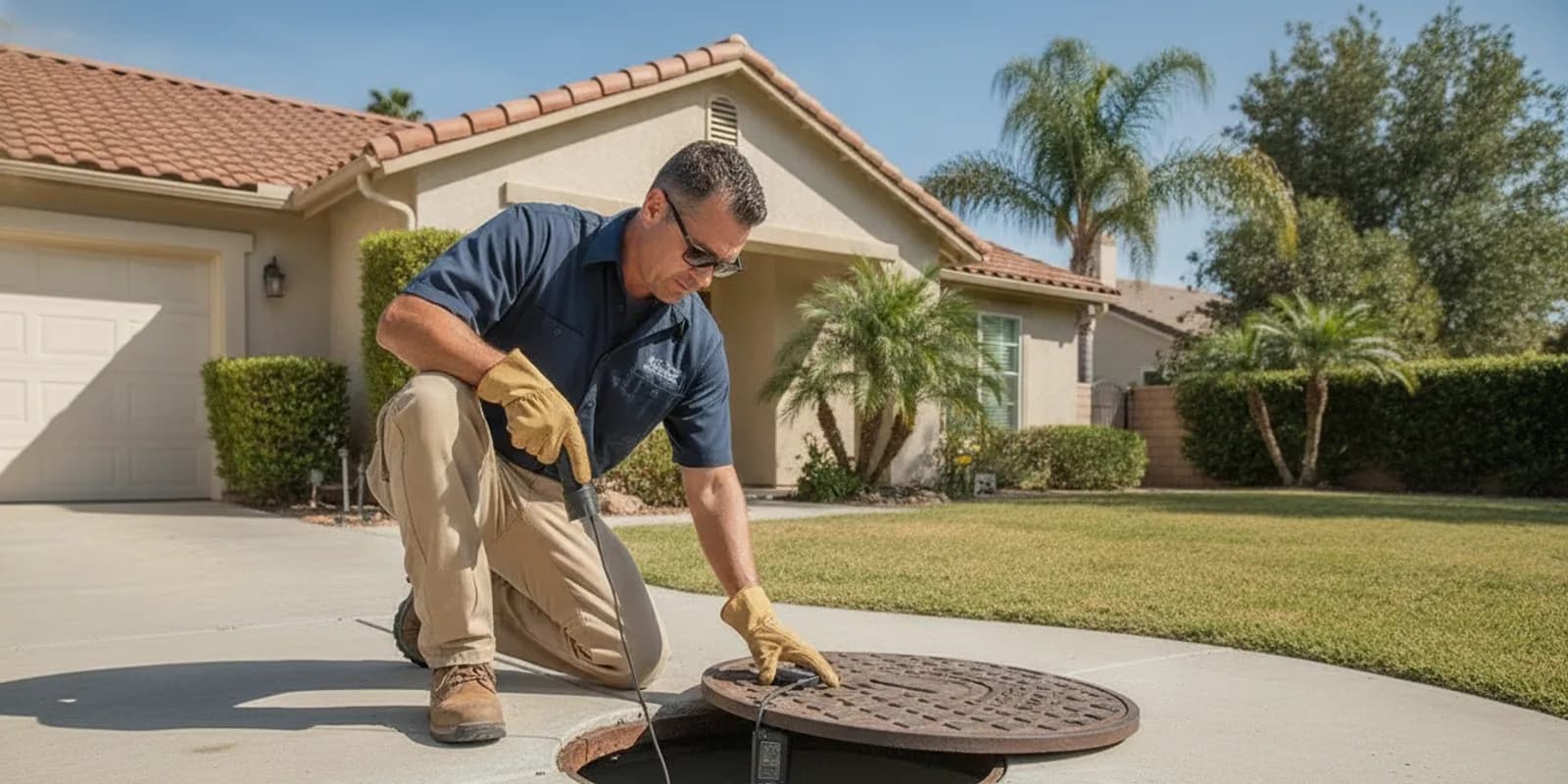 Technician inspecting a residential septic system during a septic inspection before buying home Ventura County