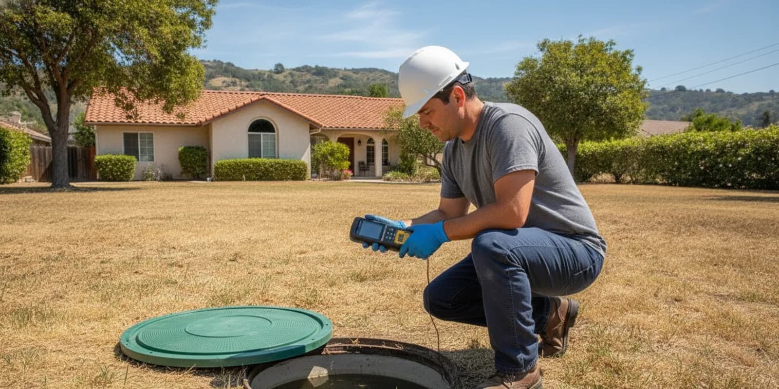 Technician checking a septic tank access point at a Ventura County home for a septic tank pumping schedule Ventura County homeowners can plan around