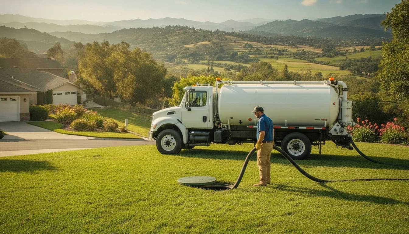 Technician providing septic tank pumping service at a California home