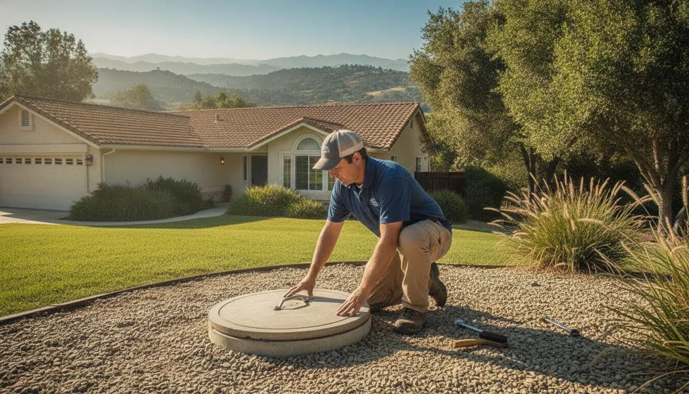Technician inspecting a septic system at a Conejo Valley home