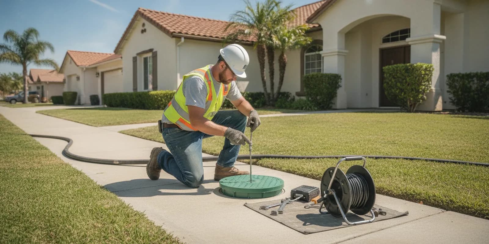Technician assessing sewer line cleaning and repair at a Conejo Valley home
