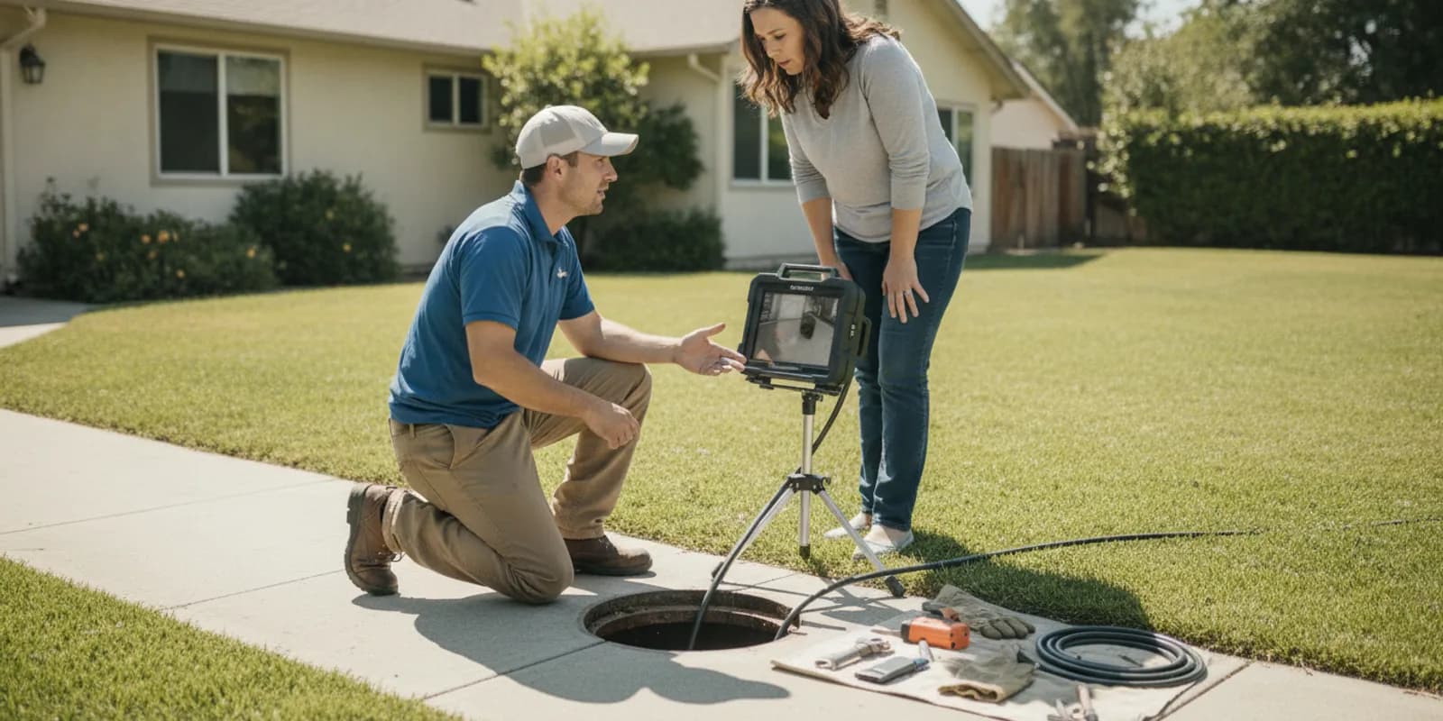Technician reviewing a sewer camera image during a sewer pipe sag repair assessment at a Conejo Valley home.