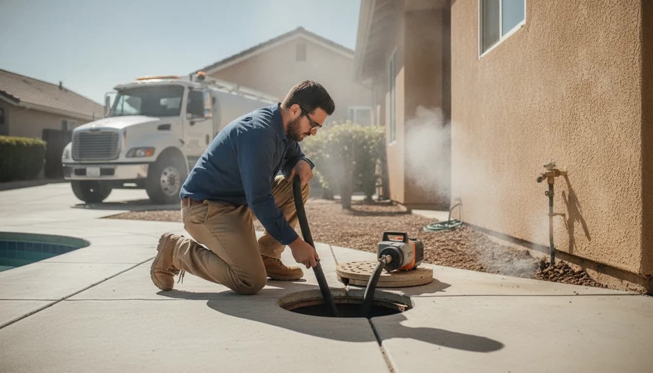 Technician running a sewer smoke test cost inspection at a Ventura County home cleanout