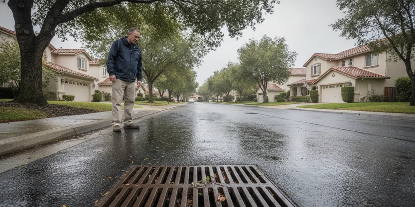 Storm drain cleaning in Westlake: a catch basin beside a rain-soaked driveway