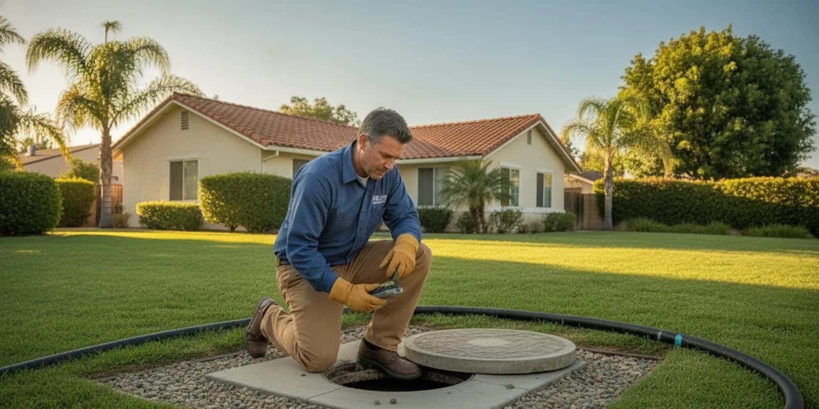 Septic system certification evaluation at a Ventura County home with the septic access area visible