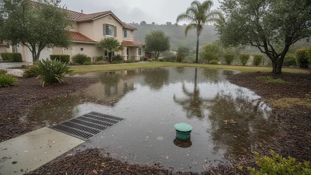 Rainwater backing up around a yard drain beside a Thousand Oaks home