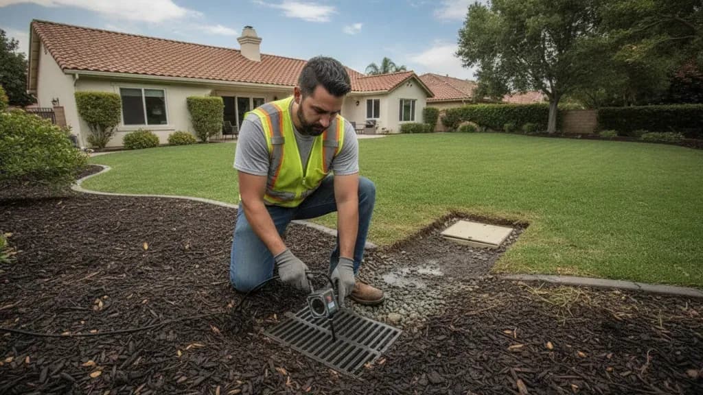 Technician inspecting a residential area drain in a Thousand Oaks yard