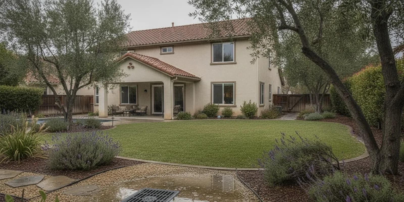 Residential Thousand Oaks yard with a drain inlet and shallow standing water after rain