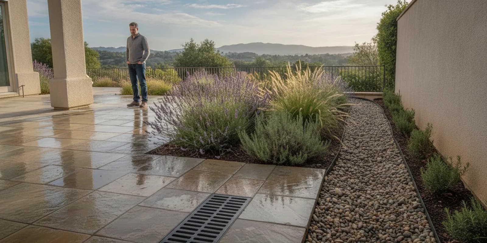 yard drain vs French drain Conejo Valley comparison at a California home with a surface inlet and landscaped drainage route