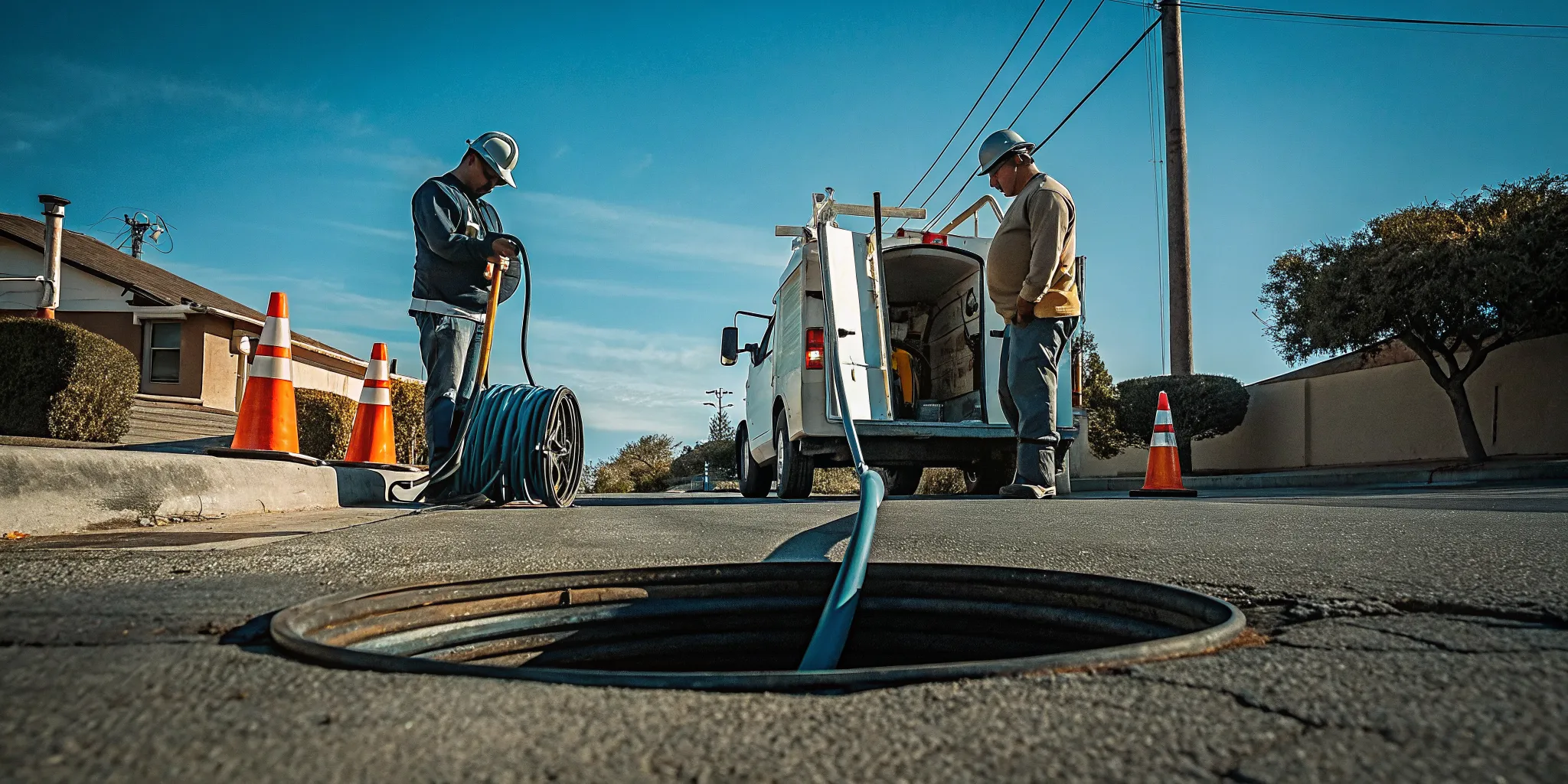 Workers performing an affordable trenchless sewer repair in the Conejo Valley.