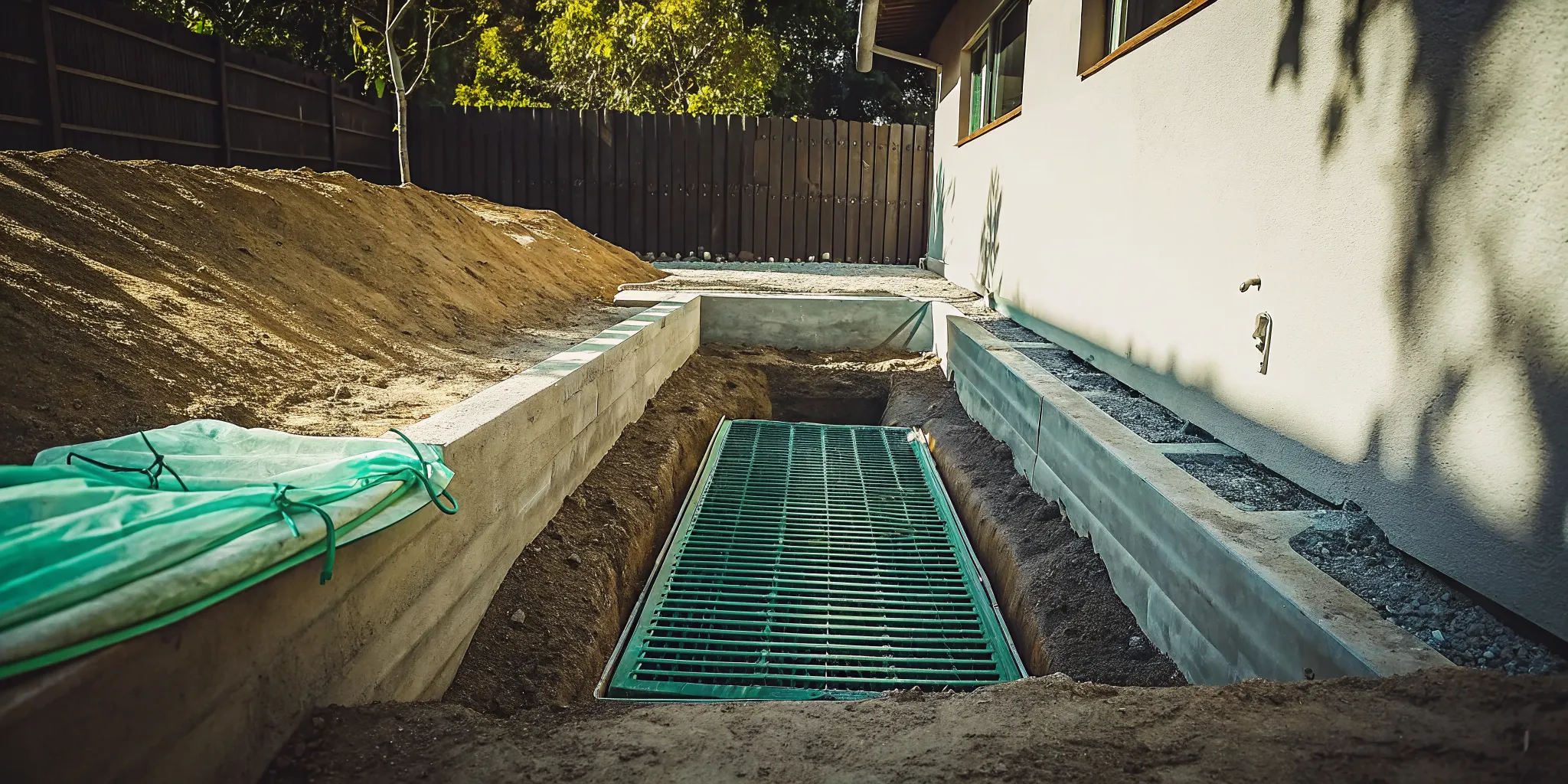 Area drain installation with a green catch basin at a Conejo Valley home.