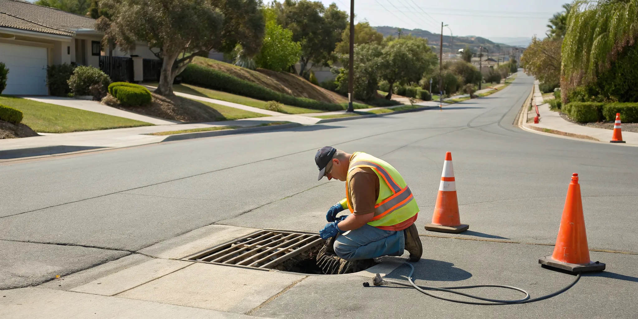 Professional performing a residential area drain repair in the Conejo Valley.
