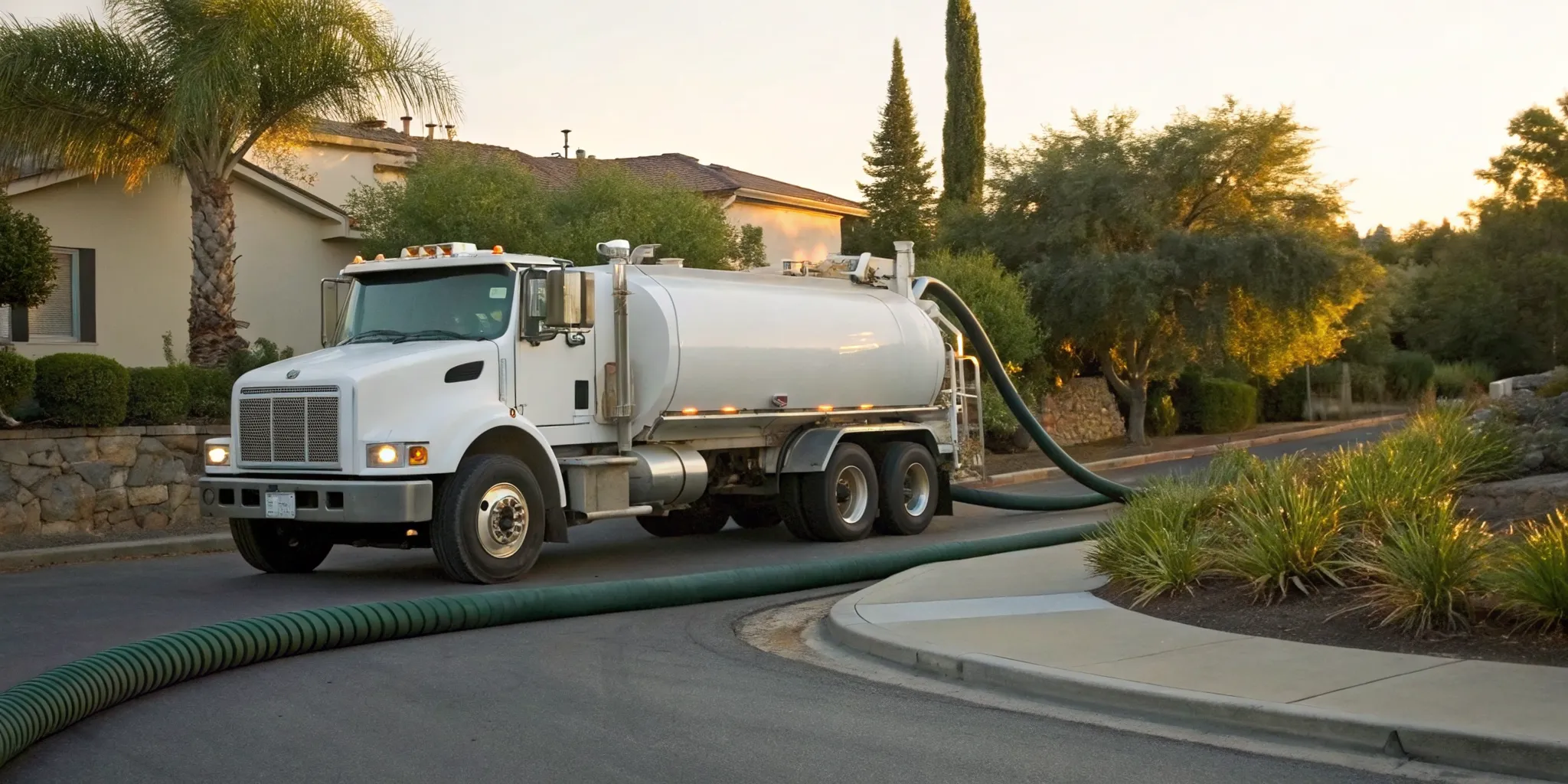Large capacity septic pump truck with hoses extended for service in Thousand Oaks.