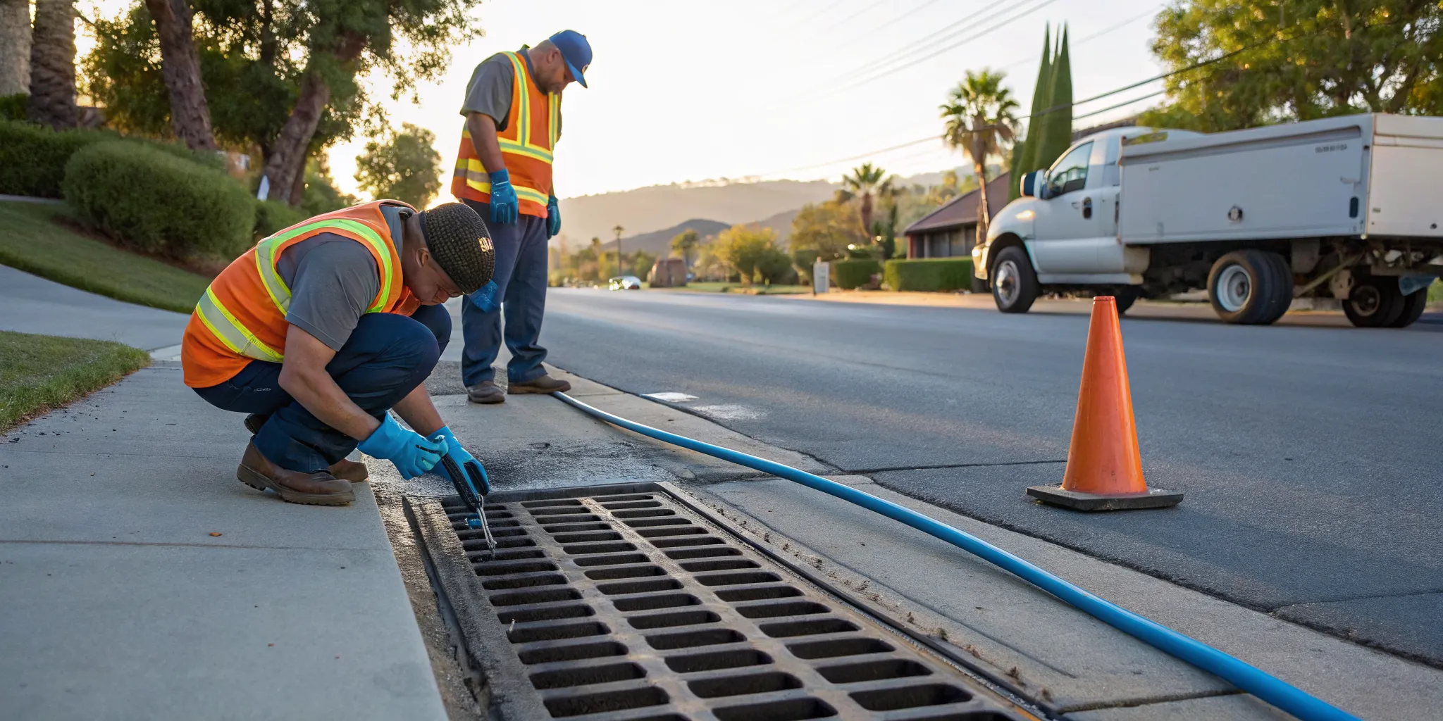 Professional drainage maintenance service in Thousand Oaks, clearing a clogged outdoor drain.
