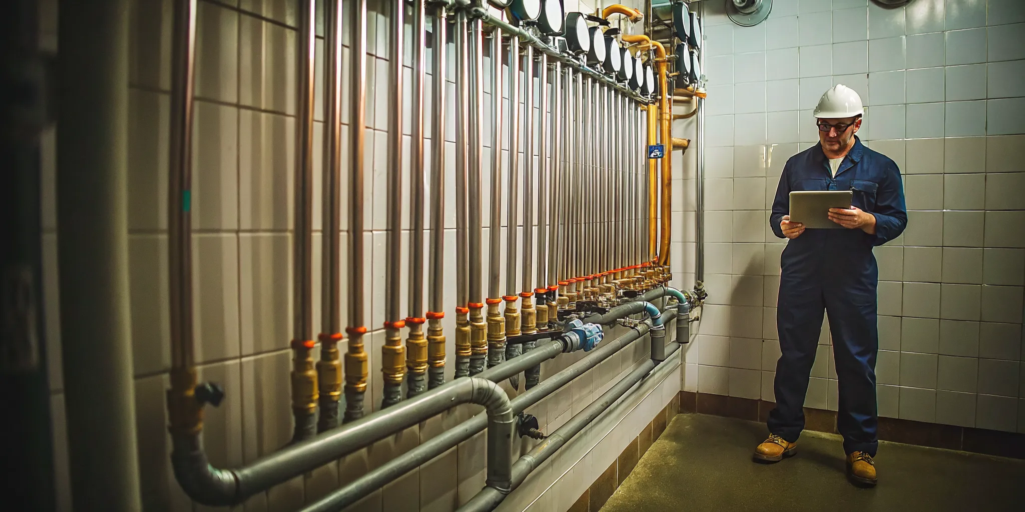 A commercial plumber inspects a complex pipe system with a tablet for maintenance.