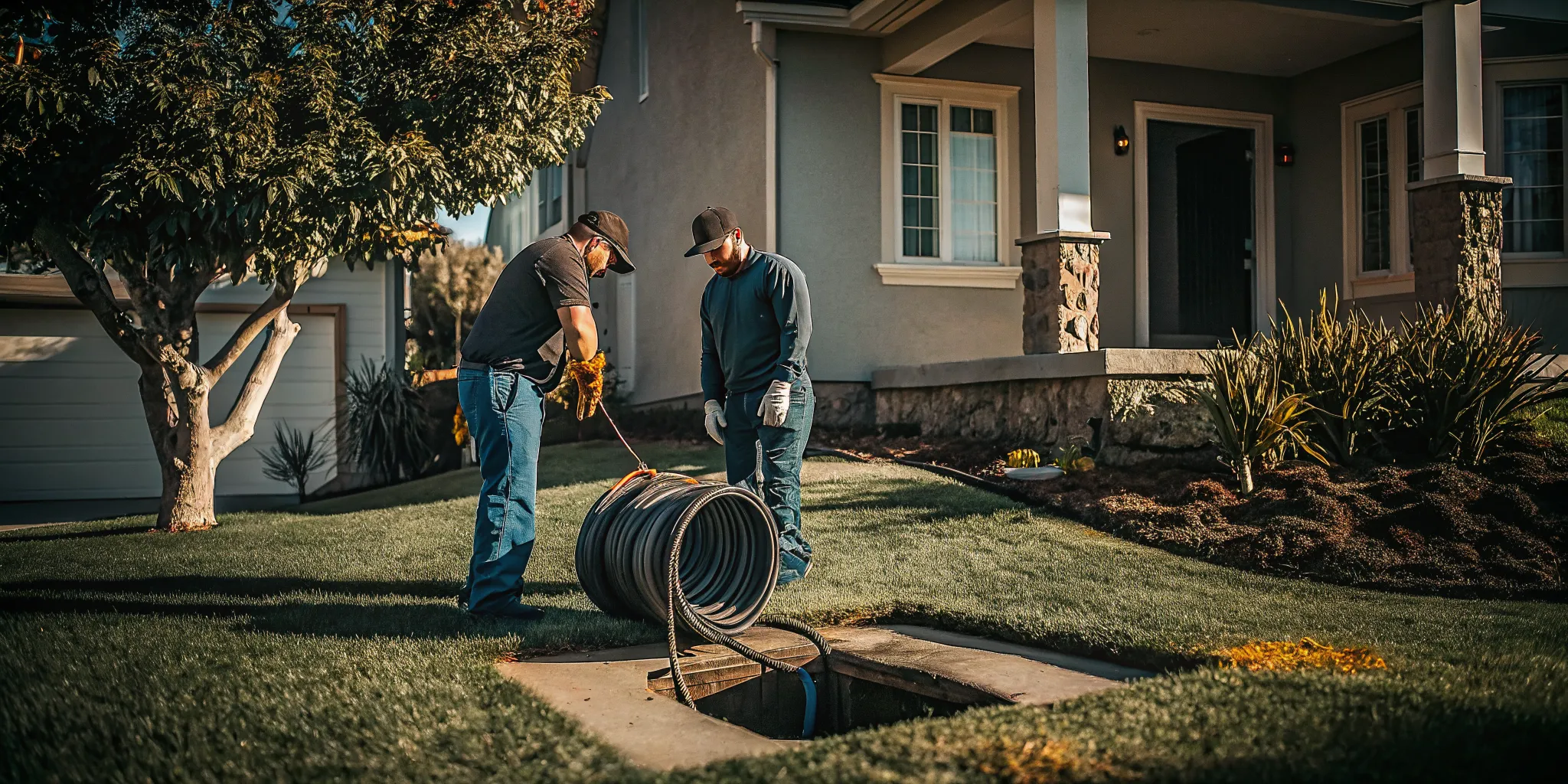Professional plumber comparing hydro jetting and drain snaking equipment