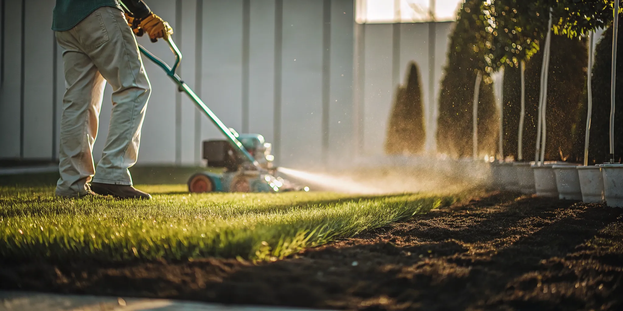 A technician works on a leach field repair in a yard with specialized equipment.