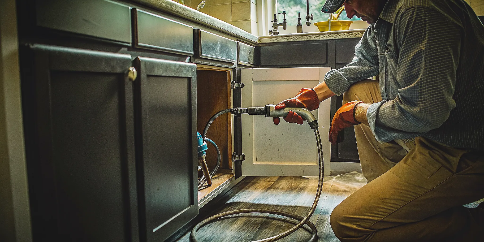 Plumber inspecting an older cast iron drain line before pipe descaling