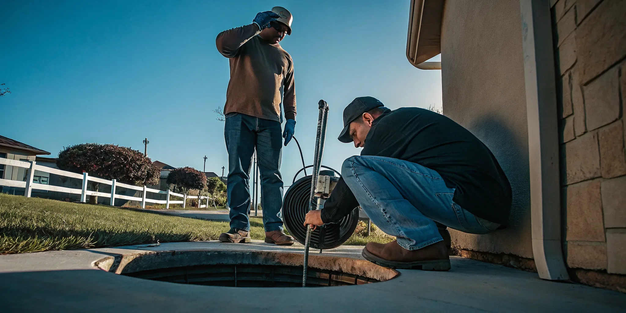 Sewer camera inspection Conejo Valley technician reviewing pipe video