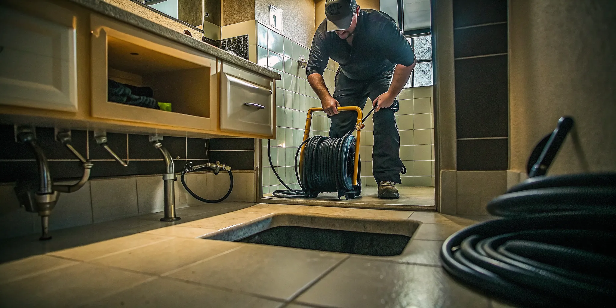 Plumber diagnosing sewer gas smell in a Ventura County home