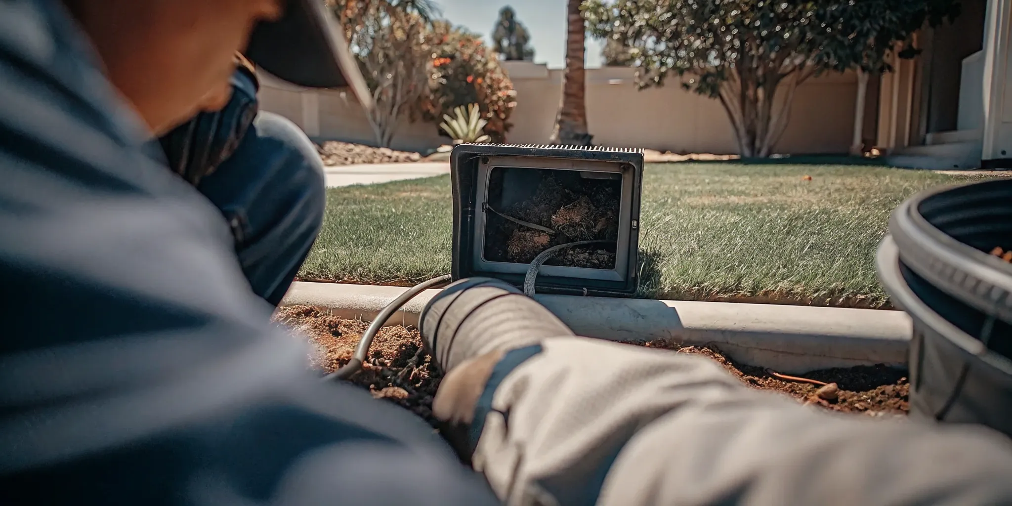 Plumber inspecting tree roots in a sewer line in Conejo Valley