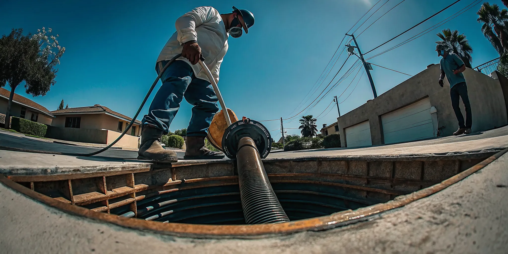 Plumber operating hydro jetting equipment at a residential drain cleanout