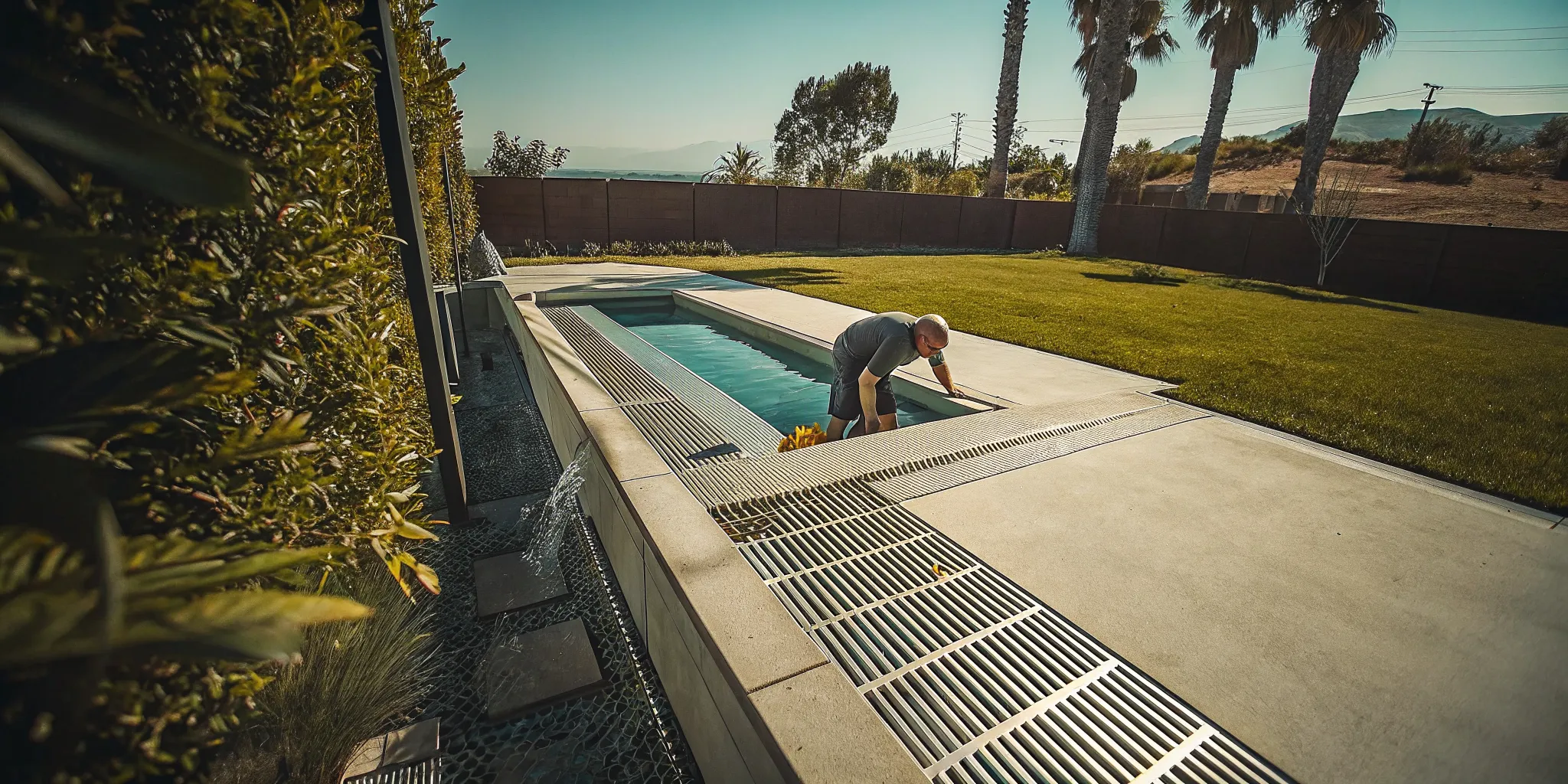 Plumber cleaning an outdoor area drain beside a pool