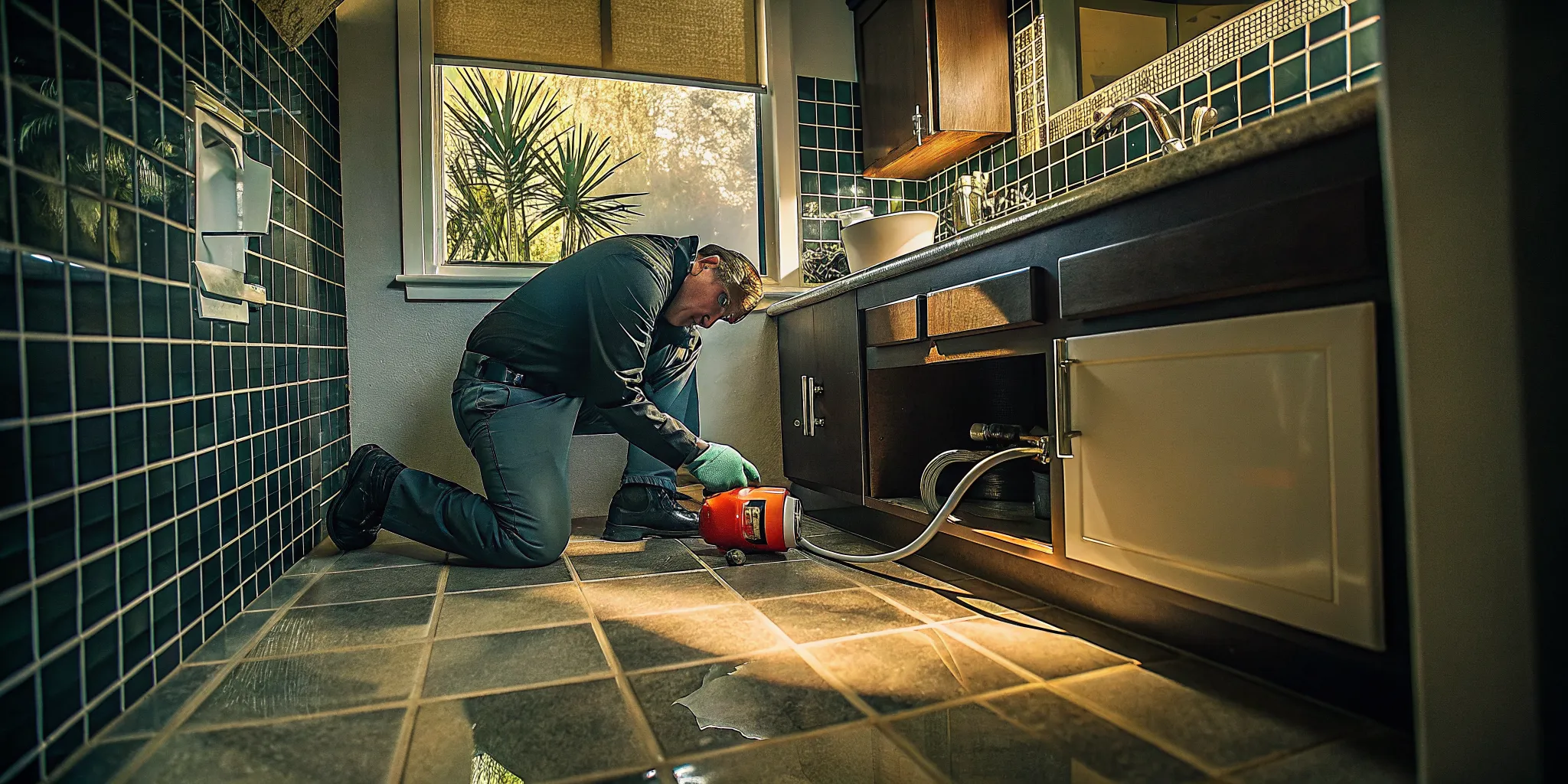 Professional plumber using a drain snake machine to clear a clogged drain in a Simi Valley home
