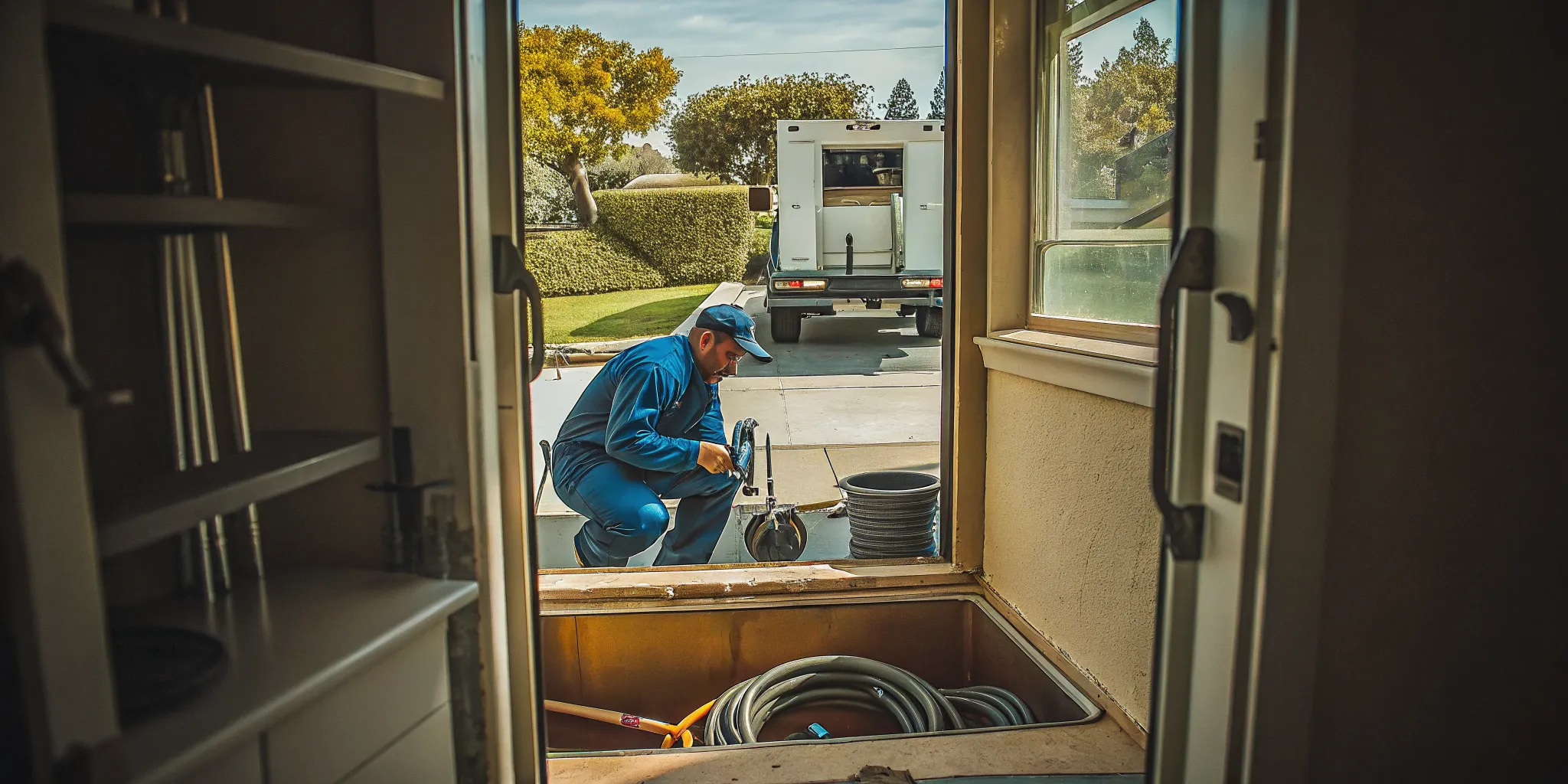 Professional sewer camera inspection to locate an emergency drain blockage inside a house in Ventura County
