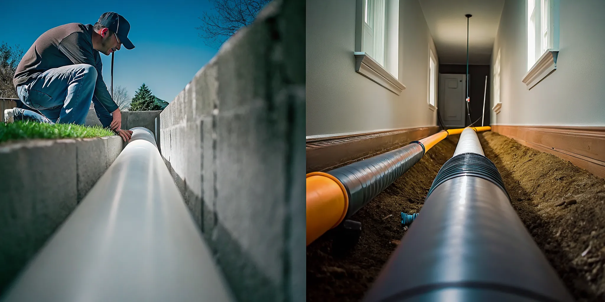 Trenchless sewer pipe repair showing CIPP lining and epoxy coating methods