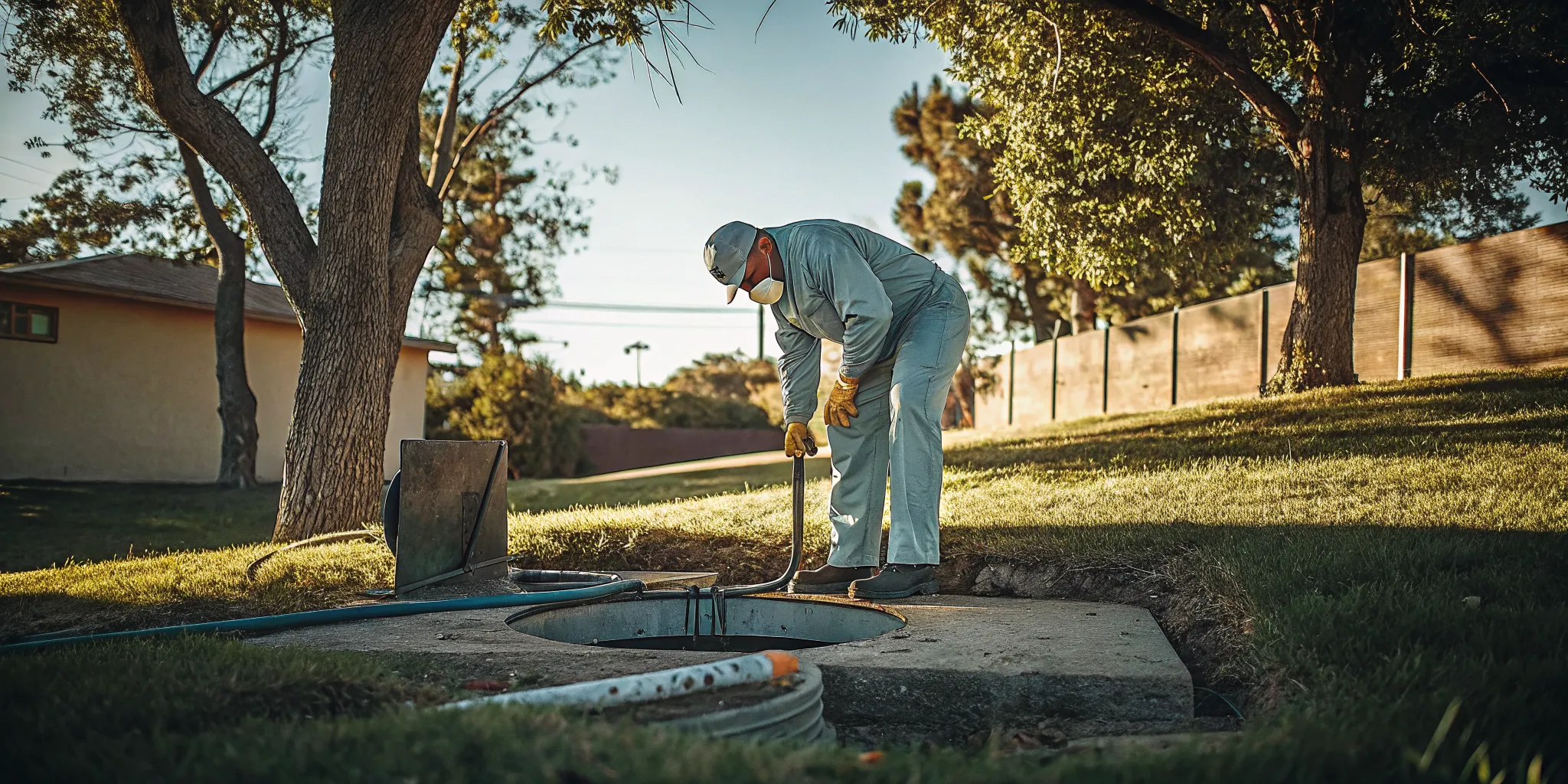 Septic service technician inspecting a septic tank access lid in a Ventura County residential yard