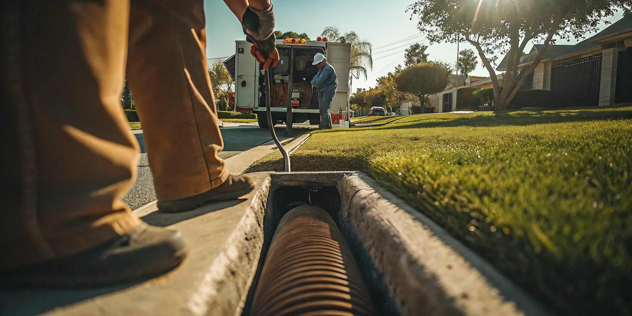 Plumber inserting a sewer camera inspection scope into a residential cleanout pipe in Moorpark