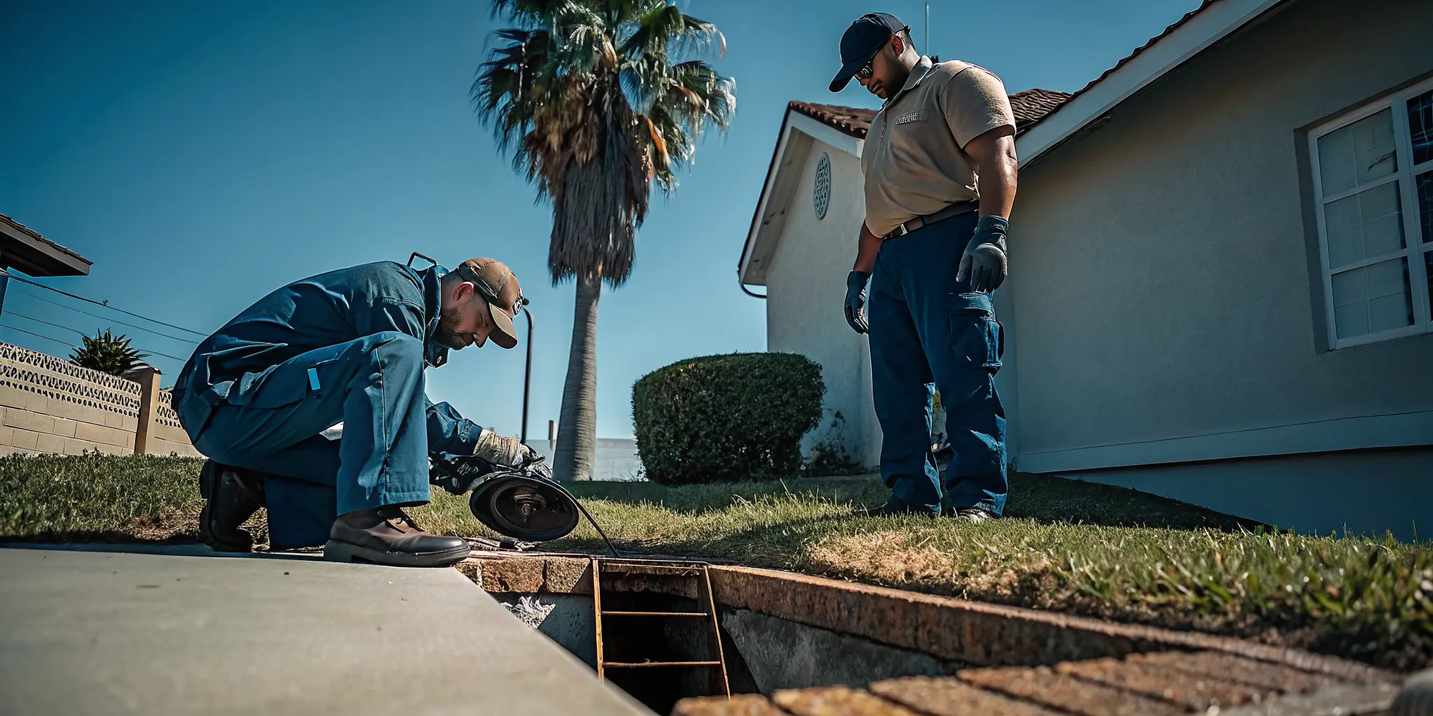 Plumber inspecting sewer line with camera equipment in Ventura residential yard near palm trees