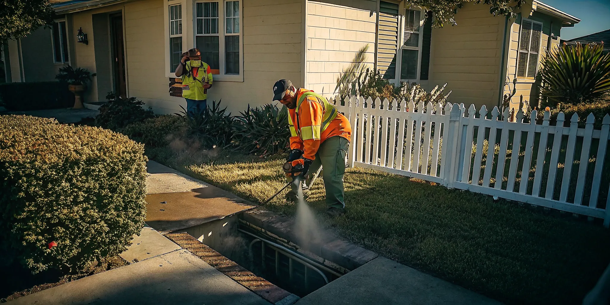 Professional plumber performing a sewer smoke test outside a Ventura County home