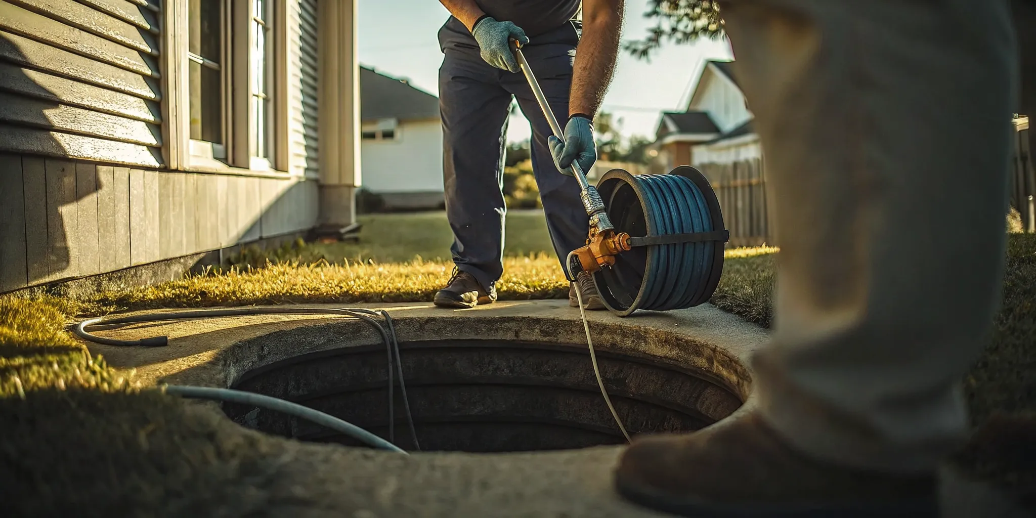 Plumber performing a sewer scope inspection on a residential property
