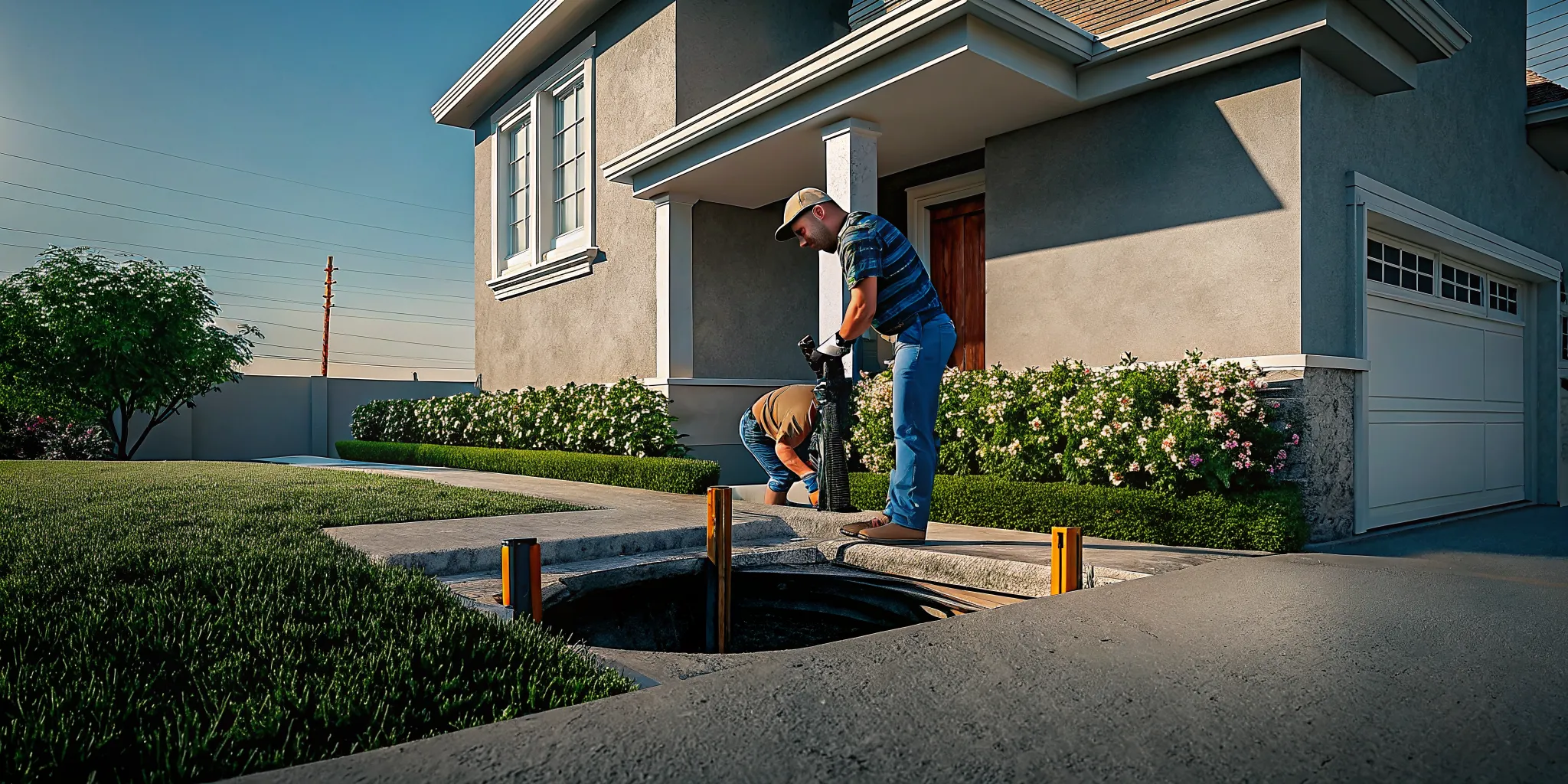 Professional plumber inspecting underground sewer pipe with camera scope showing no-dig trenchless approach