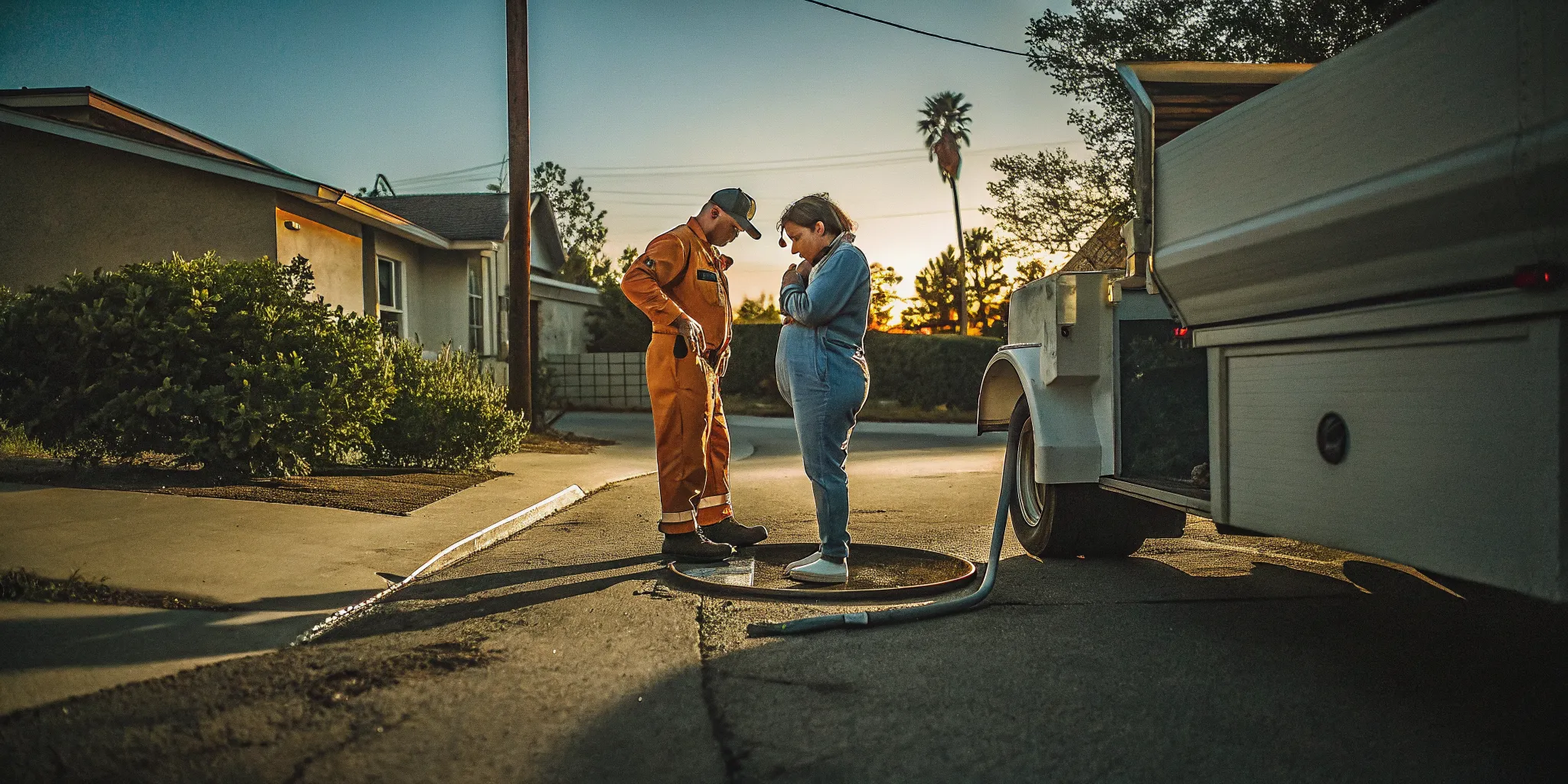 Septic technician speaking with a homeowner near their septic tank lid in Ventura County