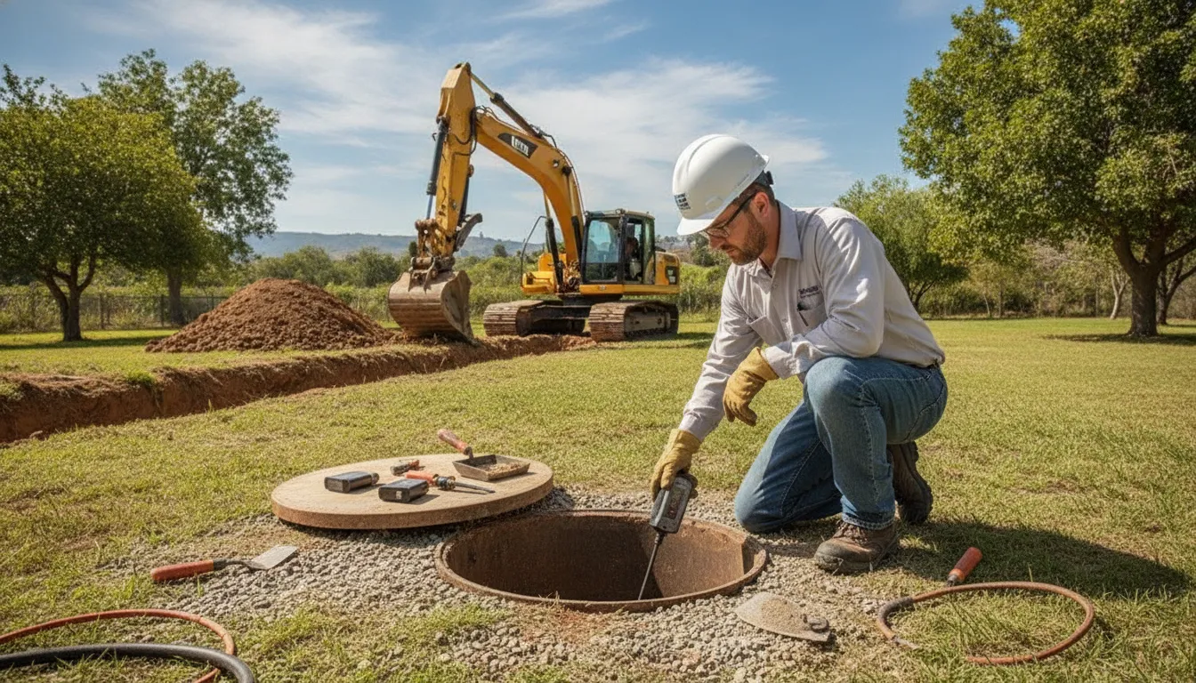 Plumbing technician inspecting an underground seepage pit in a Ventura County residential yard