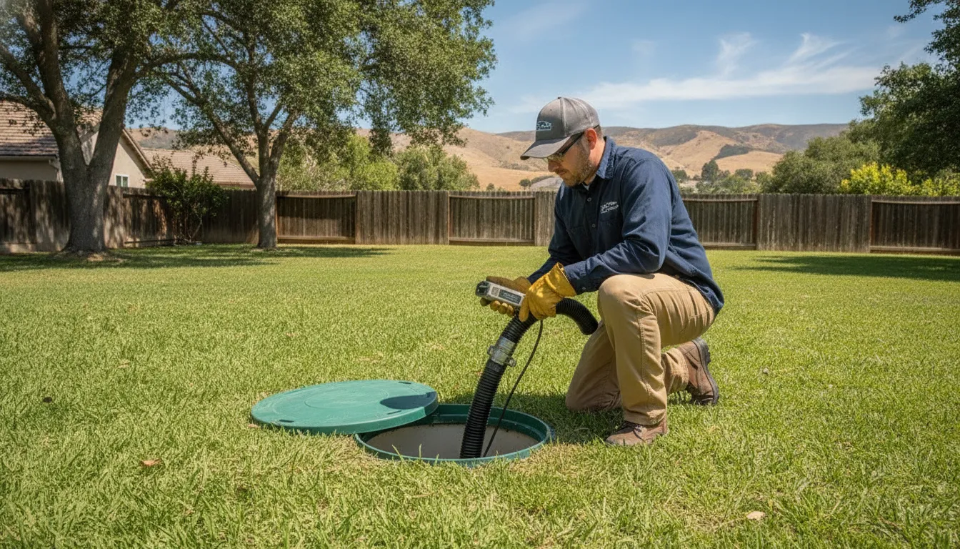 Septic system technician inspecting an underground tank access in a Simi Valley backyard