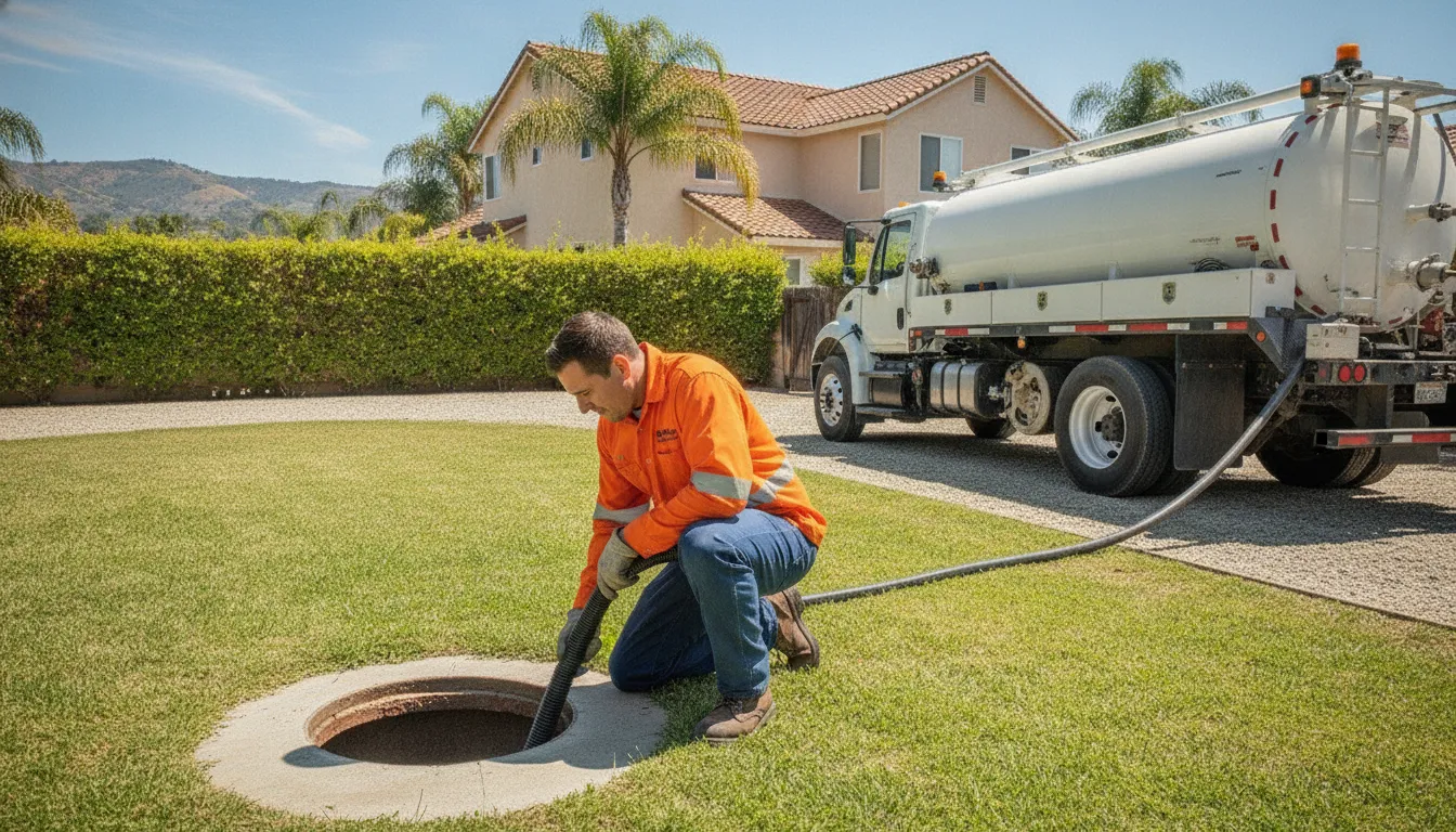 Licensed septic technician inspecting a residential septic tank access port in a Ventura County backyard
