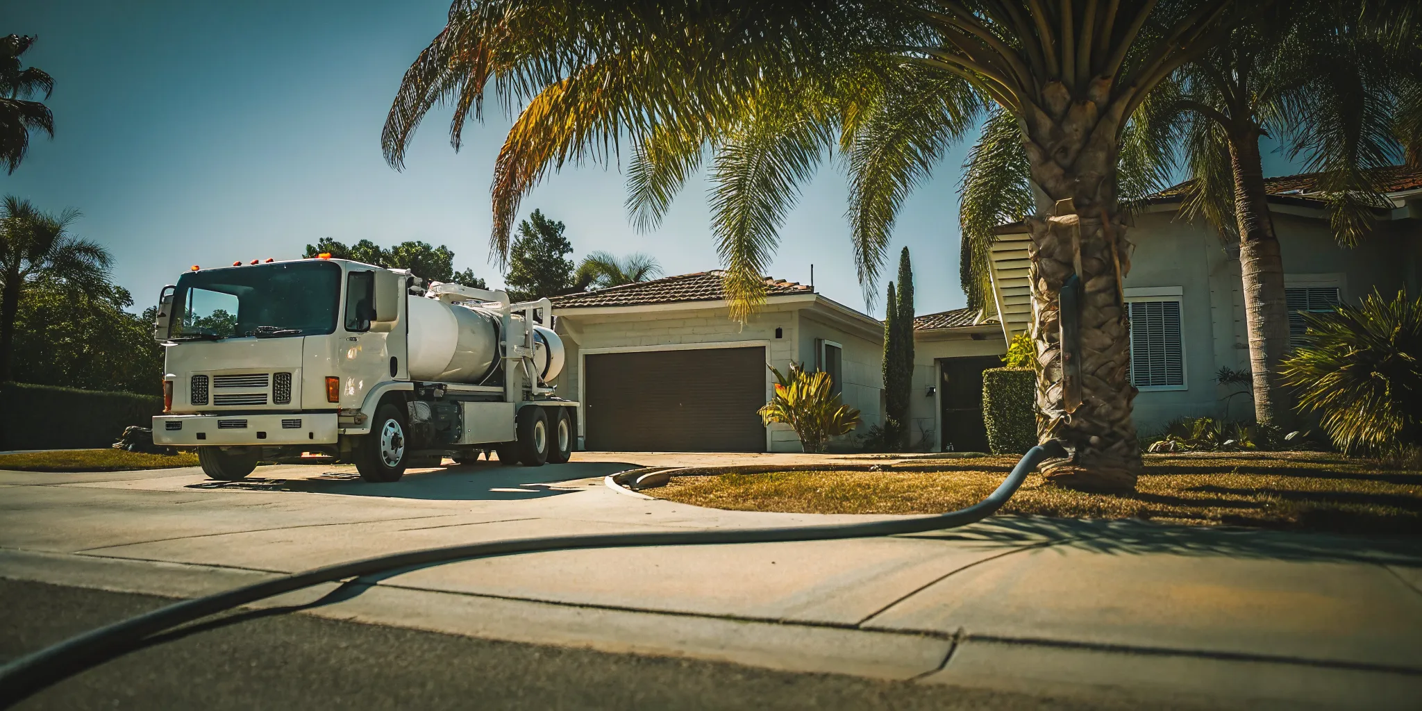 Professional septic pump truck at a suburban Calabasas California home with palm trees and blue sky
