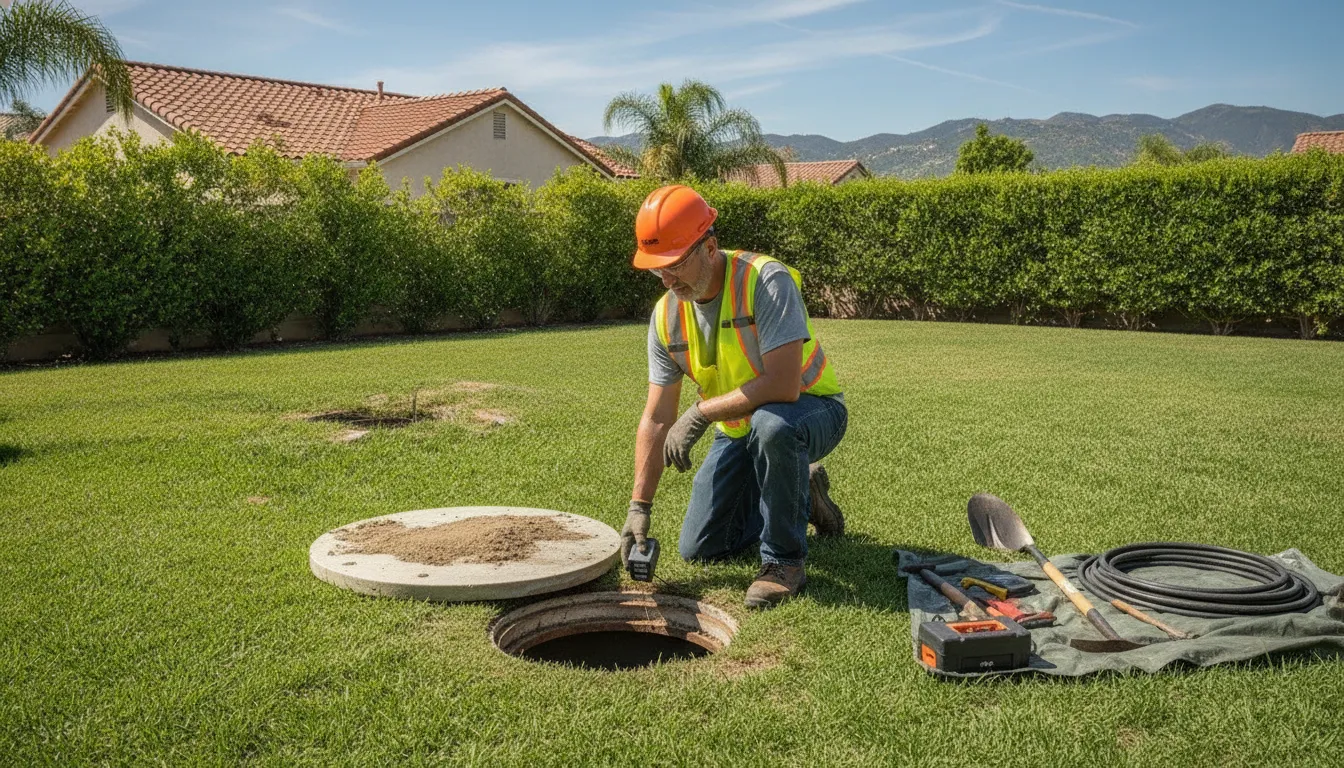 Septic service technician inspecting a septic tank system in a Ventura County residential backyard