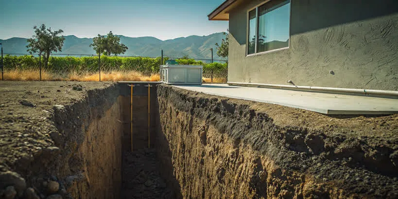 Cross-section illustration of a seepage pit septic system contrasted with a leach field, showing underground effluent dispersal in a Southern California hillside setting
